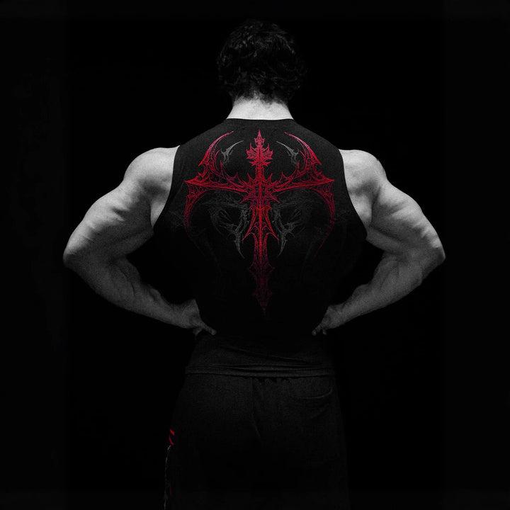 Men's form-fitting training tank top with deep armholes and intricate back print StylebySassy