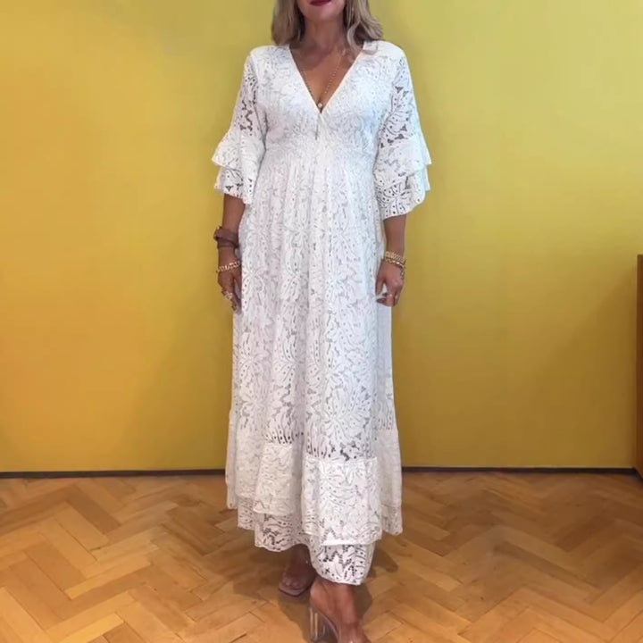 Women’s Boho Lace Maxi Dress with V-Neck, Underbust Seam, and Tiered Ruffle Sleeves StylebySassy