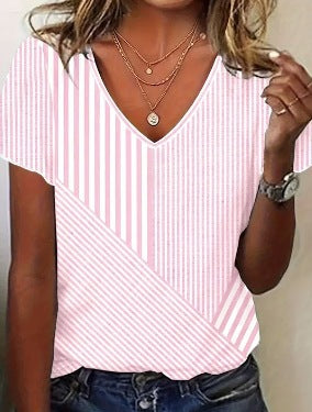 Women striped V-neck blouse with asymmetrical stripe mix and short sleeves StylebySassy