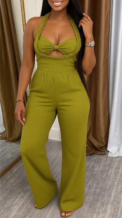Women's tailored halter playsuit with braided straps, knotted bustier and wide leg pants StylebySassy