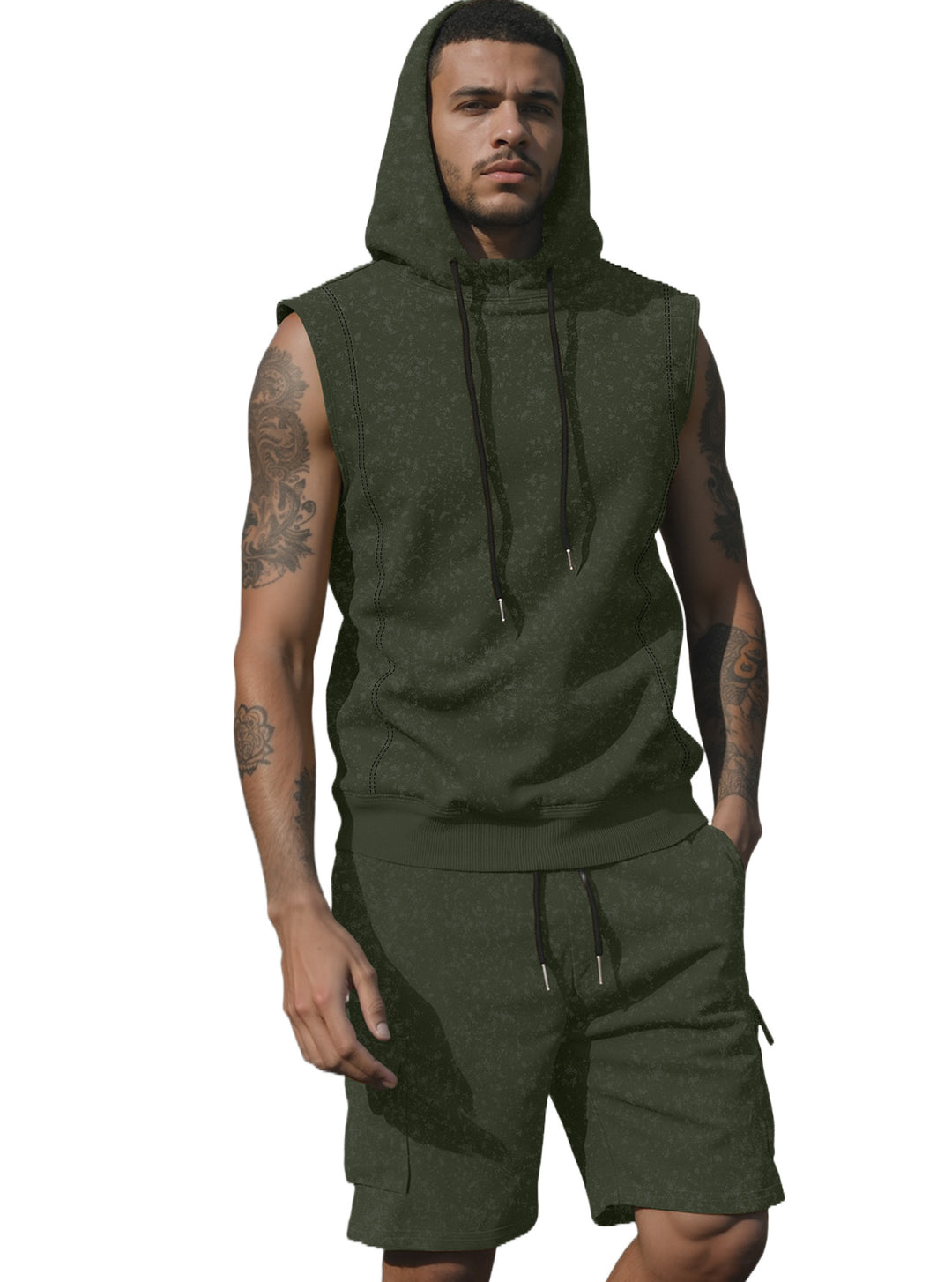 Men's Hooded Muscle Shirt Set with Functional Cargo Bermuda StylebySassy