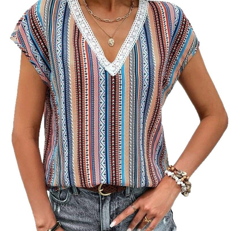 Women's light V-neck top with ethnic stripe pattern and crochet trim StylebySassy