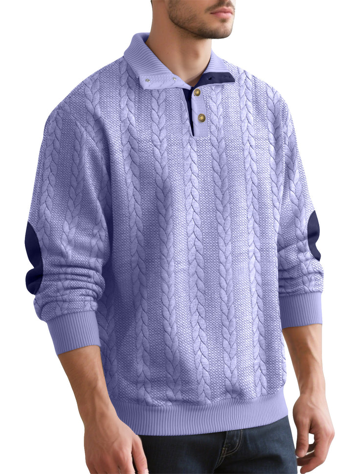 Men's Cable Knit Half Button Sweater with High Stand Collar and Suede Elbow Patches StylebySassy