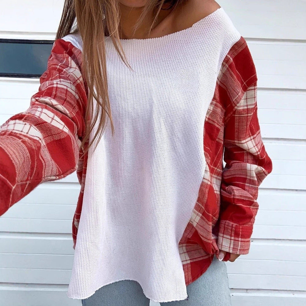 Women's oversized long-sleeve shirt in mixed material with textured waffle knit front and checkered sleeve section StylebySassy