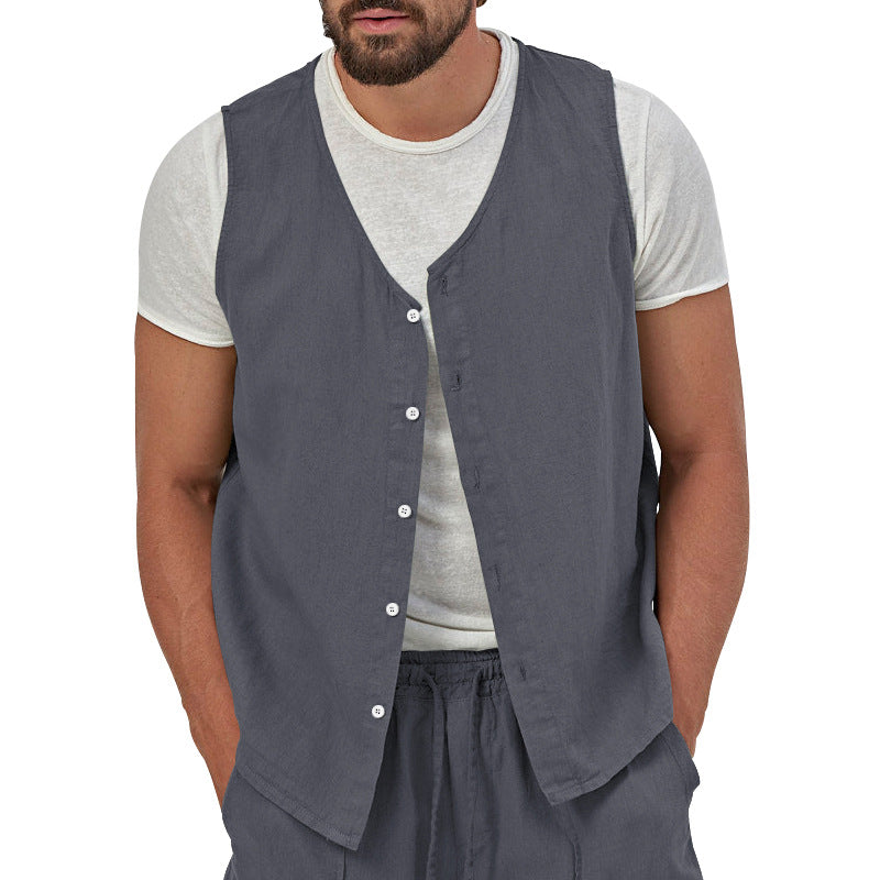Men's casual sleeveless shirt waistcoat made of linen-cotton blend with V-neck and full button placket StylebySassy