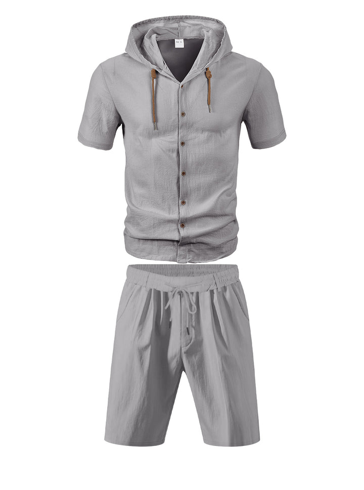 Men's lightweight summer hoodie in linen look with continuous button placket and drawstring StylebySassy