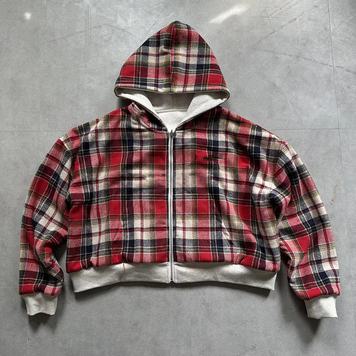 Unisex non-padded hooded jacket with checked flannel lining and zipper StylebySassy