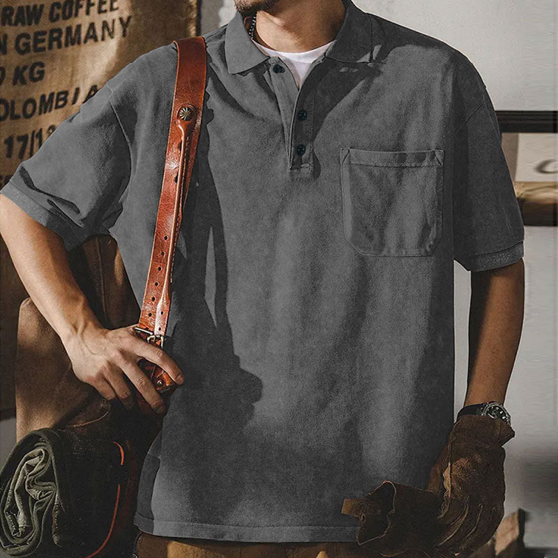 Men's loosely cut cotton polo shirt with a patch chest pocket and short button placket StylebySassy