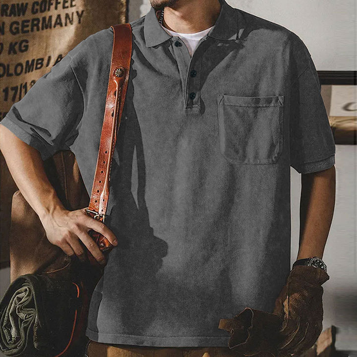 Men's loosely cut cotton polo shirt with a patch chest pocket and short button placket StylebySassy