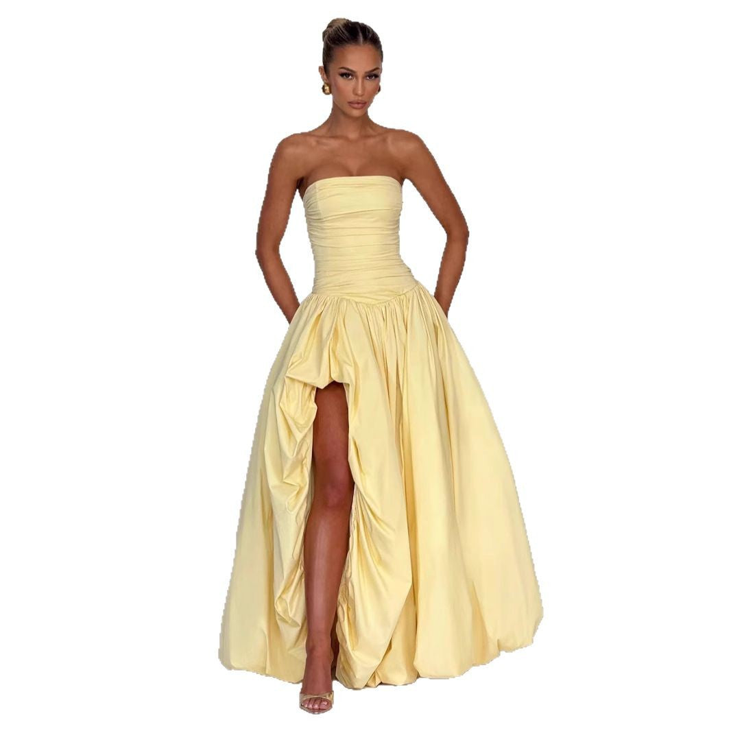 Women's Strapless Ball Gown with High Slit and Flowing Skirt StylebySassy