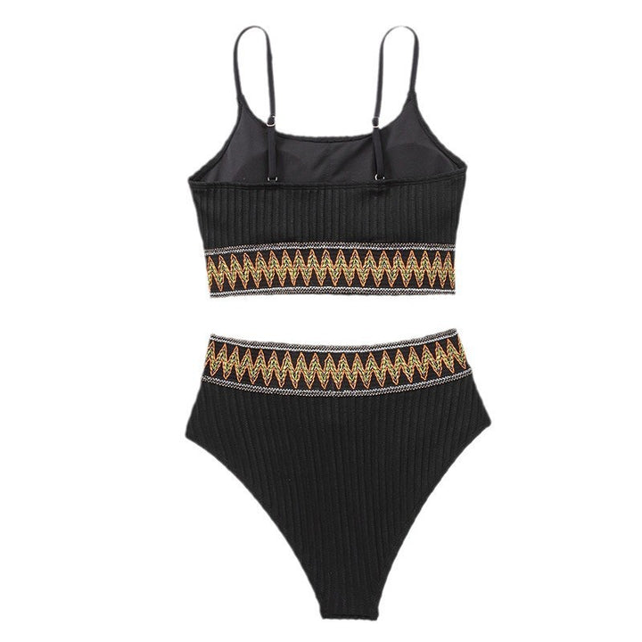 Women's high-waisted bikini set with textured top and decorative zigzag pattern StylebySassy