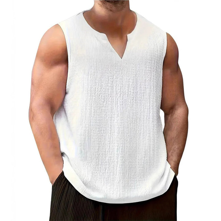 Men's casual crinkle cotton top with notch neckline and rounded hem StylebySassy