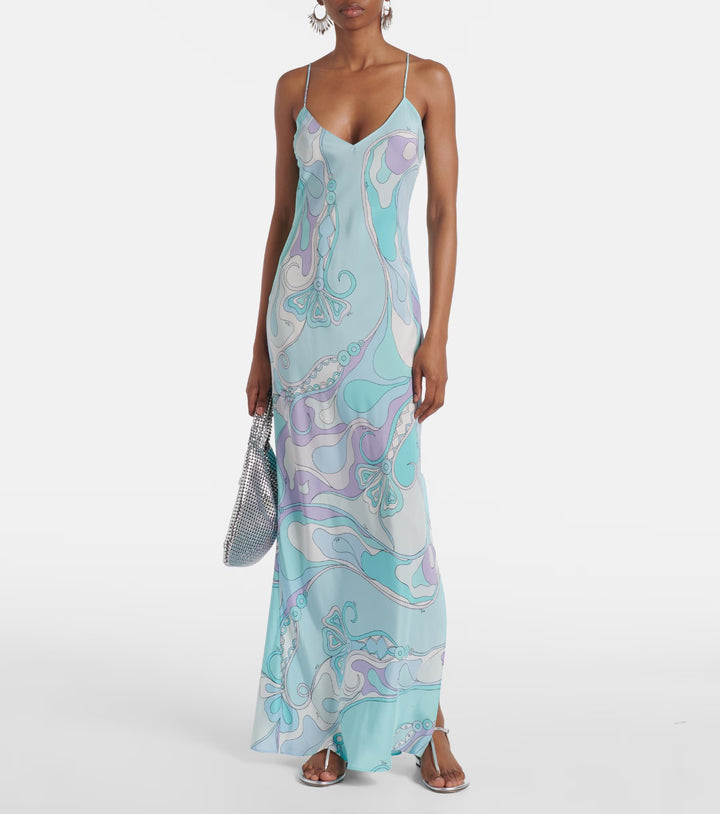 Ladies elegant slip maxi dress with V-neck, delicate spaghetti straps and retro graphic all-over print StylebySassy