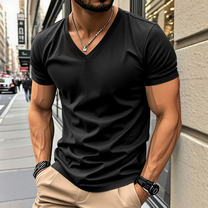 Men's classic V-neck T-shirt made of fine cotton jersey with reinforced neckband and double stitching StylebySassy