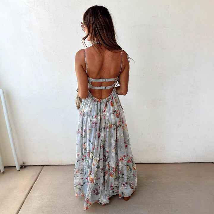 Women's strapless corset maxi dress with heart neckline, tiered ruffle skirt and nostalgic toile pattern StylebySassy