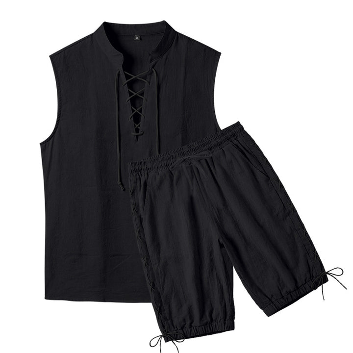 Men's sleeveless leisure set with lace collar and drawstring Bermuda StylebySassy