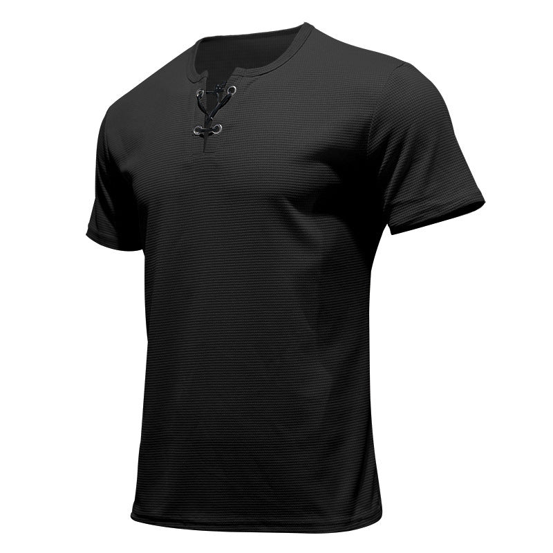 Men's short-sleeve shirt with lace collar, metal eyelets, and fine structured jersey StylebySassy