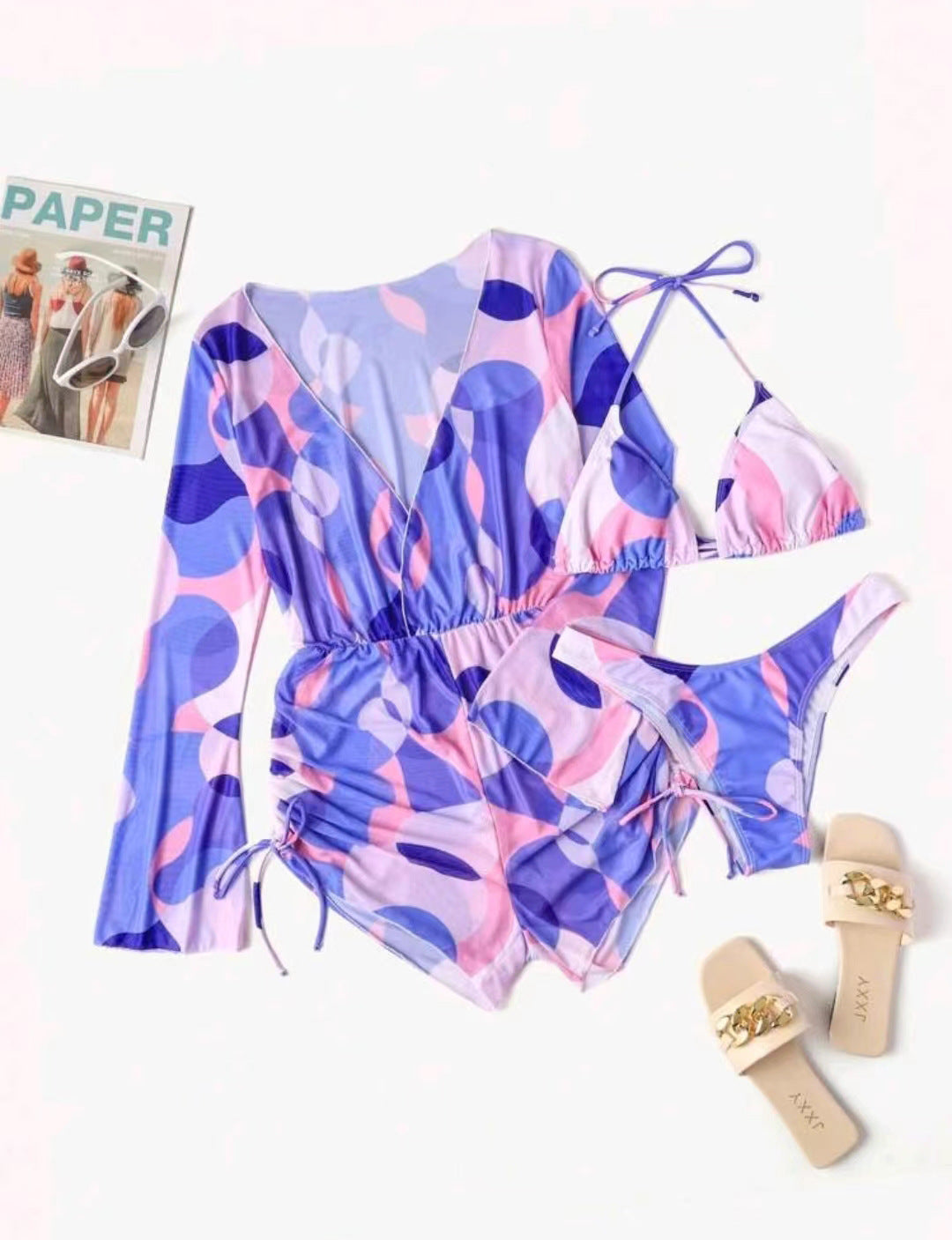 Women’s wrap swimsuit with long sleeves and fashionable pattern StylebySassy