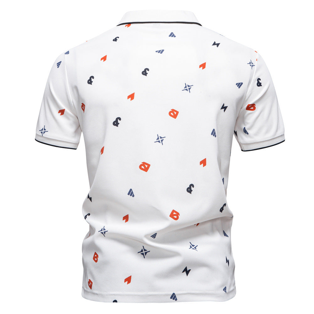 Men's short-sleeved pique polo shirt with geometric all-over print, kent collar, and contrast trim StylebySassy