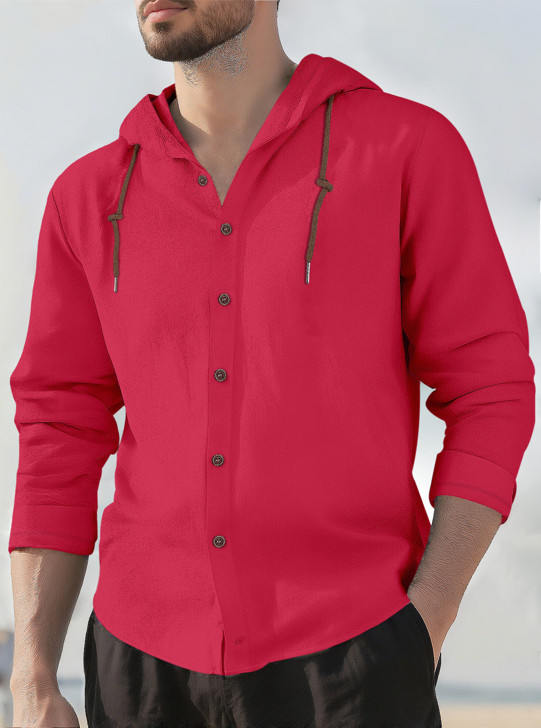 Men's textured linen blend hooded shirt with button placket, wood buttons, and side slits StylebySassy