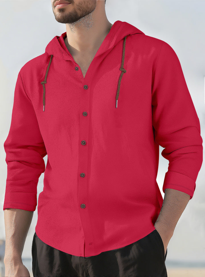 Men's textured linen blend hooded shirt with button placket, wood buttons, and side slits StylebySassy