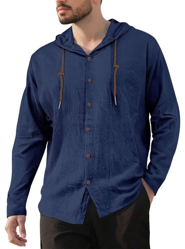 Men's textured linen blend hooded shirt with button placket, wood buttons, and side slits StylebySassy
