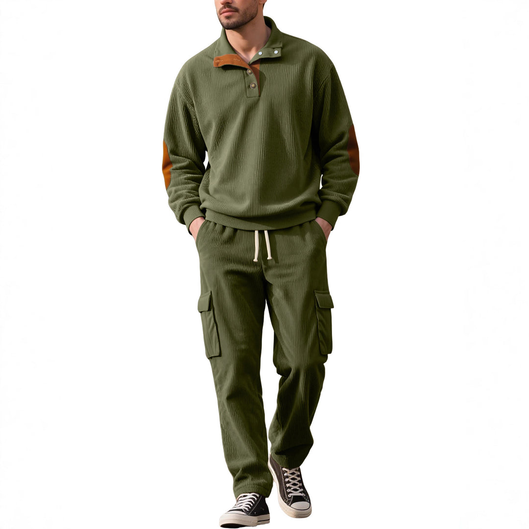 Men's structured turtleneck pullover with stand-up collar, press stud placket, and velour elbow patches StylebySassy