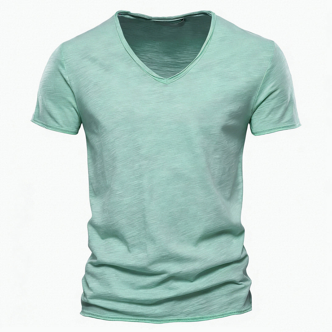 Men's light cotton jersey short-sleeve shirt with V-neck and slim fit StylebySassy