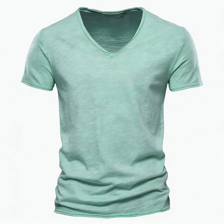 Men's light cotton jersey short-sleeve shirt with V-neck and slim fit StylebySassy