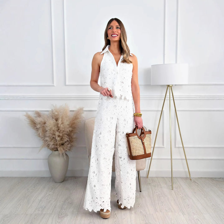 Ladies' airy lace two-piece with shirt collar and wide leg StylebySassy
