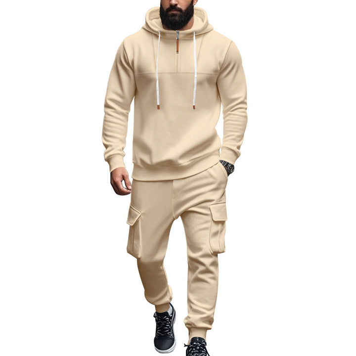 Men's cargo-style hooded sweatshirt and jogger set with short chest zipper and flap pockets StylebySassy