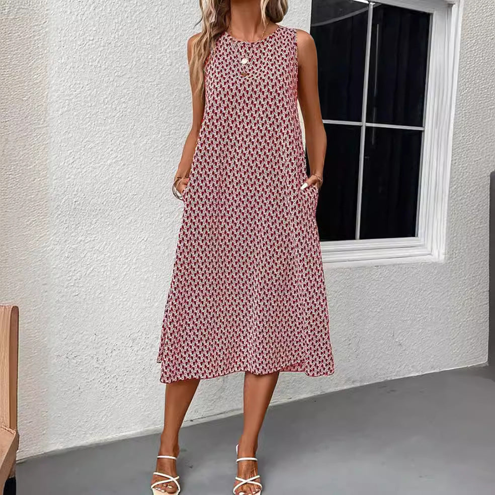 Women's sleeveless summer midi dress in A-line with round neckline, side slit and casual fall StylebySassy