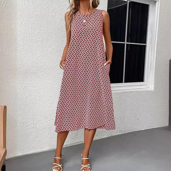 Women's sleeveless summer midi dress in A-line with round neckline, side slit and casual fall StylebySassy