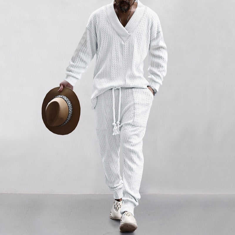 Men's comfortable cable knit set with deep V-neck, drawstring joggers and cuff StylebySassy