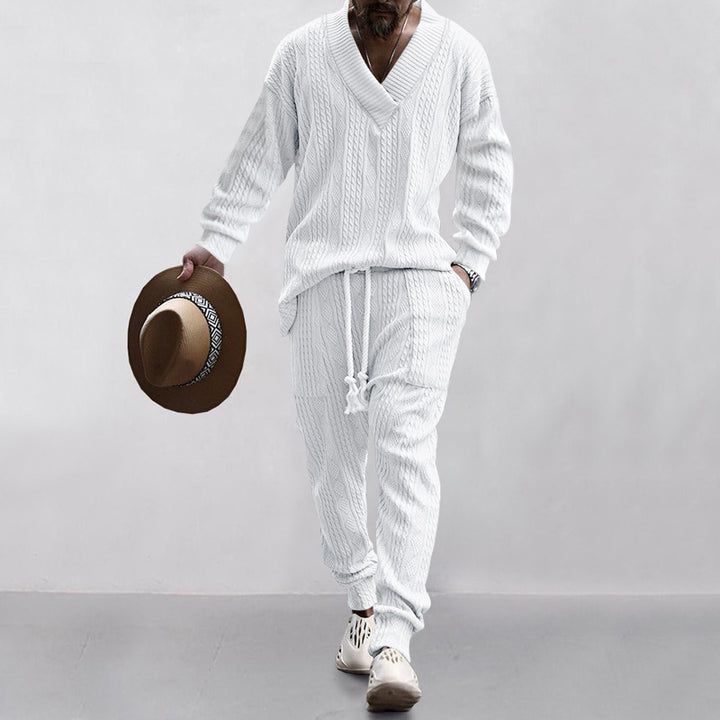 Men's comfortable cable knit set with deep V-neck, drawstring joggers and cuff StylebySassy