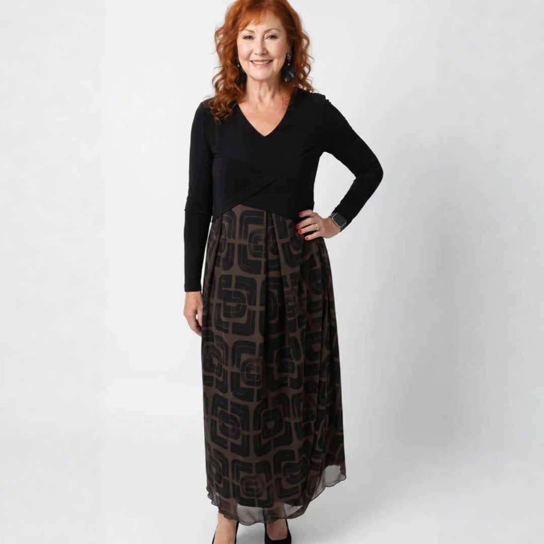 Ladies' V-neck Maxi Dress with Fitted Wrap Top and Transparent Patterned Overlay Skirt StylebySassy