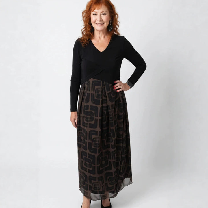 Ladies' V-neck Maxi Dress with Fitted Wrap Top and Transparent Patterned Overlay Skirt StylebySassy