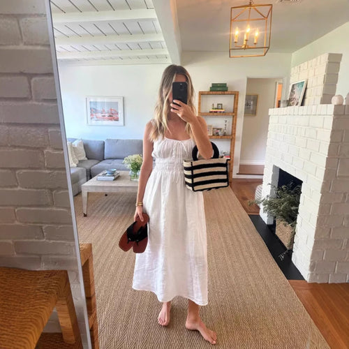 Women's knee-length linen look dress with smocked bodice, elastic waistband and wide straps StylebySassy