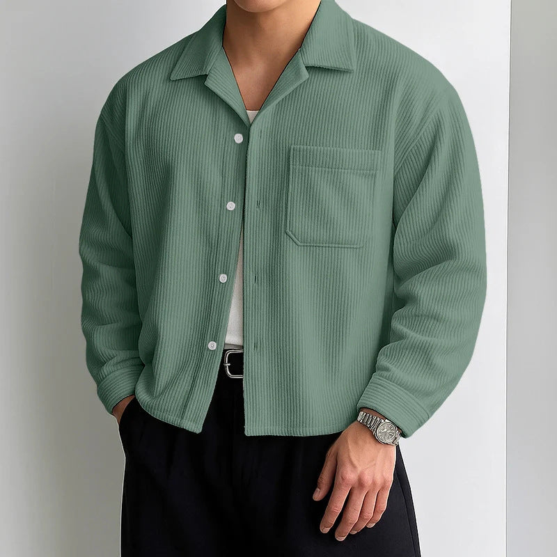 Men's ribbed long sleeve shirt with lapel collar, chest pocket, and relaxed fit StylebySassy