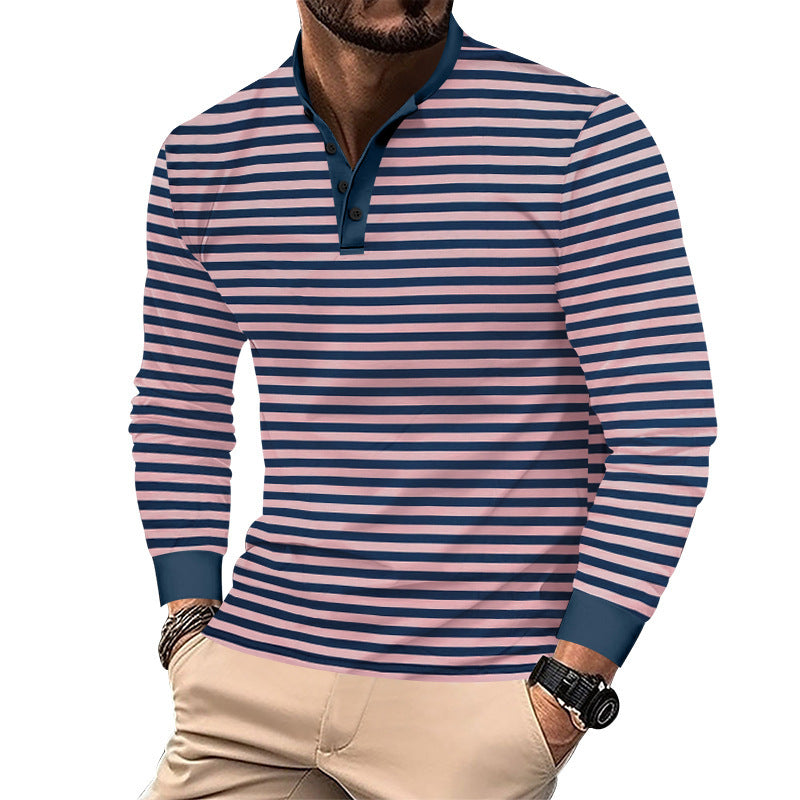 Men's striped long-sleeve Henley shirt with stand-up collar, slim fit and elastic cotton mix StylebySassy
