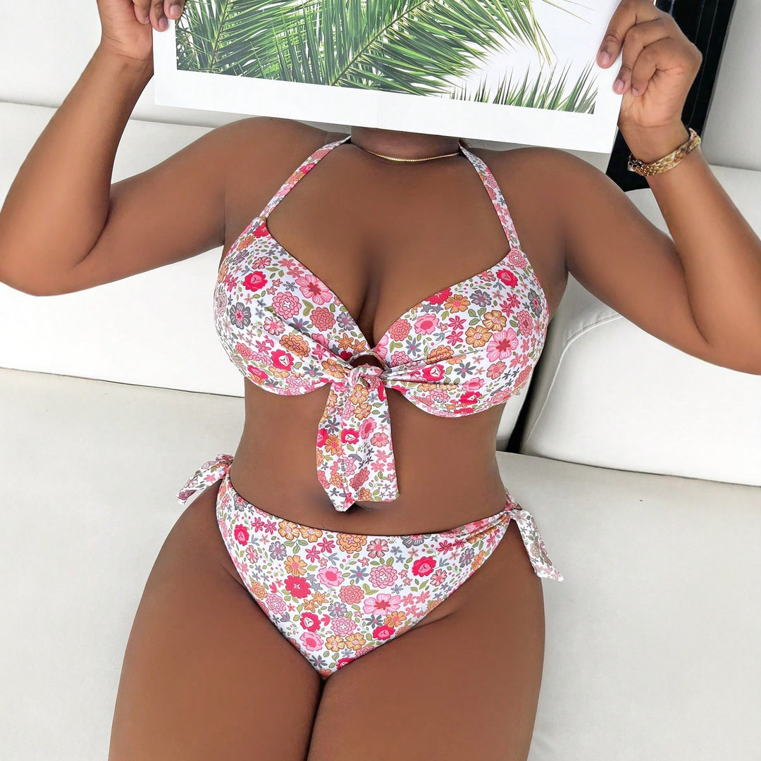 Ladies triangle bikini with playful floral pattern and removable padding StylebySassy