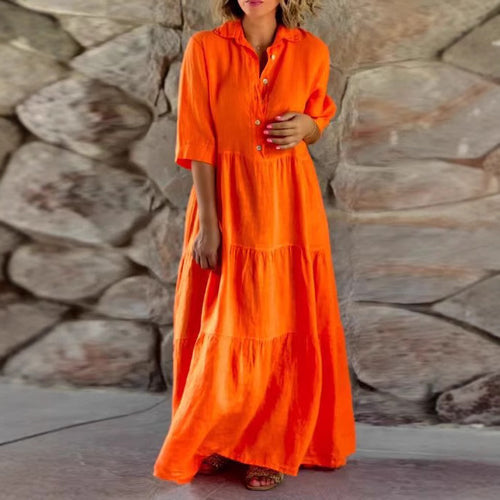 Women's summer linen blend tiered maxi dress with shirt collar, gathered waist and elbow-length sleeves StylebySassy