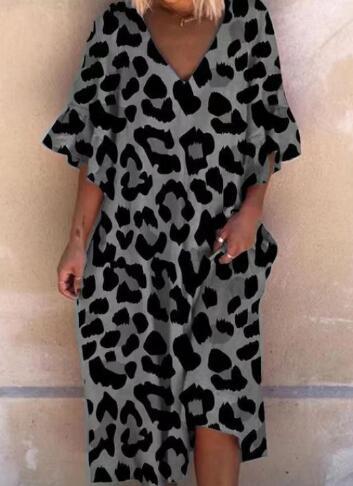 Ladies' casual midi dress in tunic style with V-neck, ruffled sleeves, and side pockets StylebySassy