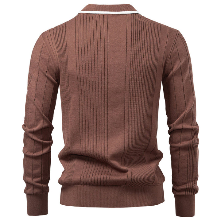 Men's long-sleeved polo sweater made of fine knit with vertical ribbed intarsias and contrast edges StylebySassy
