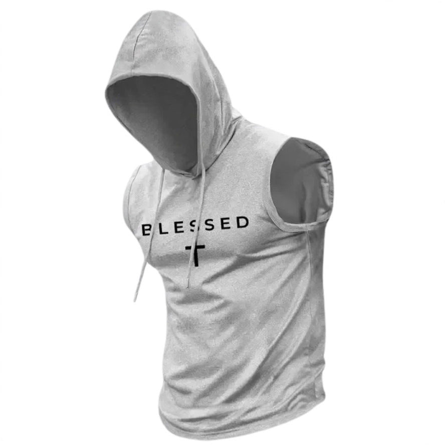 Men's sleeveless hoodie sweatshirt with slogan print and athletic fit StylebySassy
