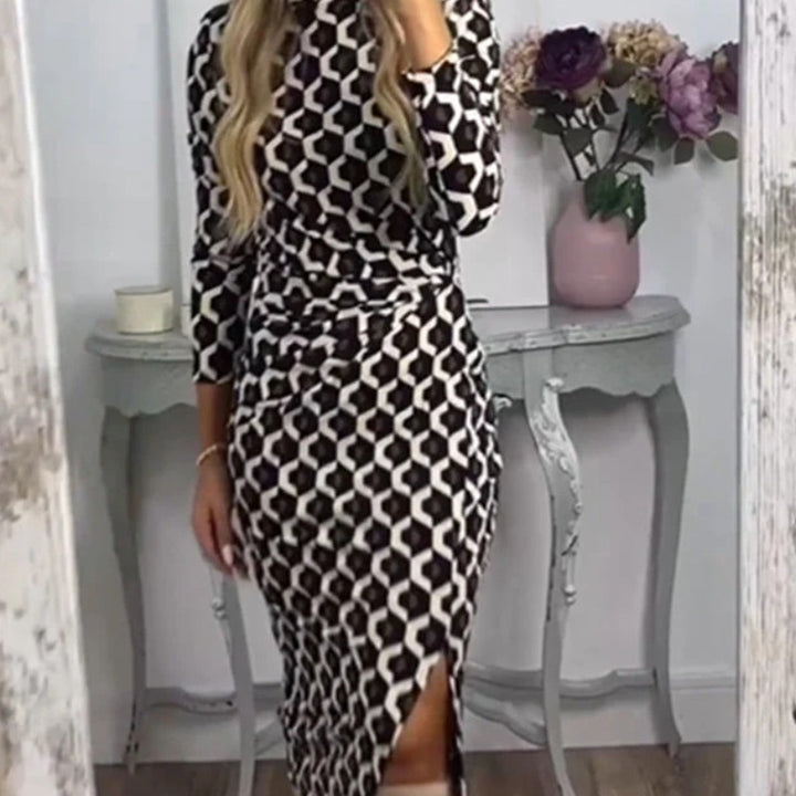 Women's narrow cut midi dress with geometric print, gathered waist and asymmetric slit StylebySassy