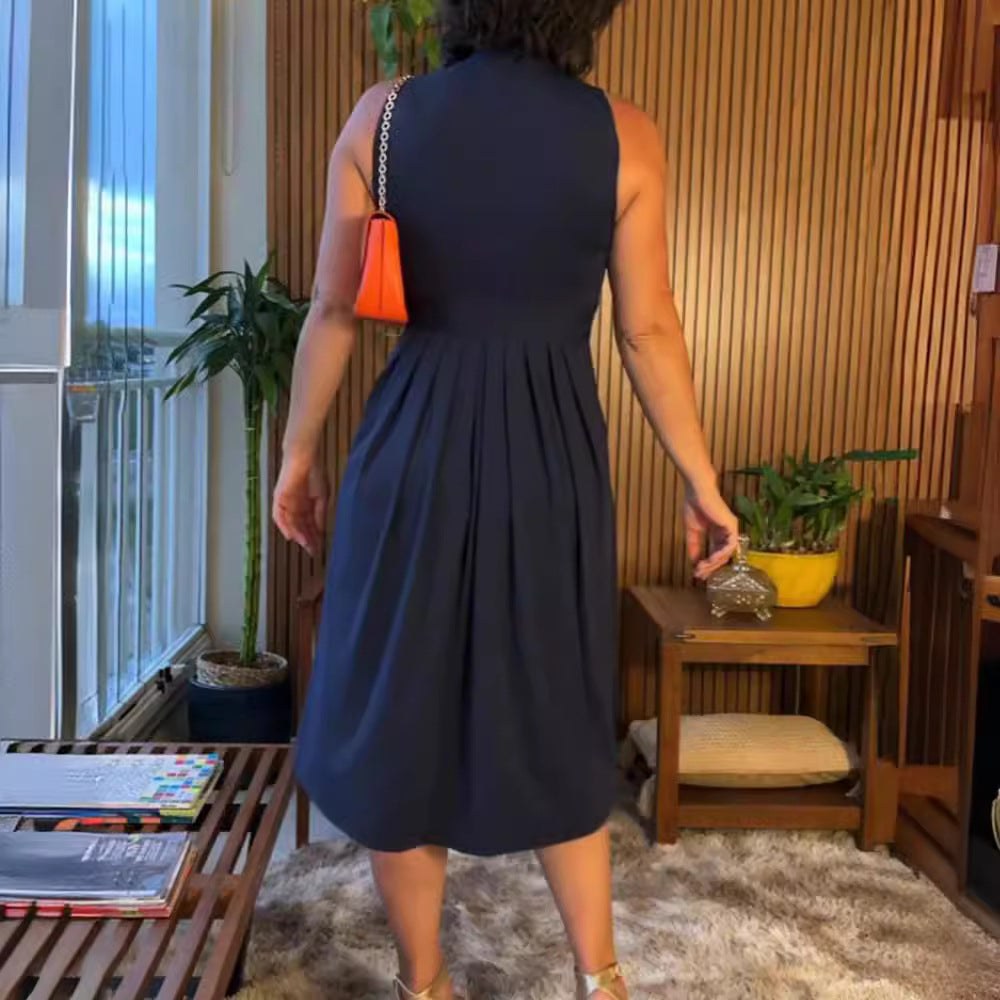 Women's sleeveless V-neck midi dress with underbust seam and flattering pleated skirt StylebySassy