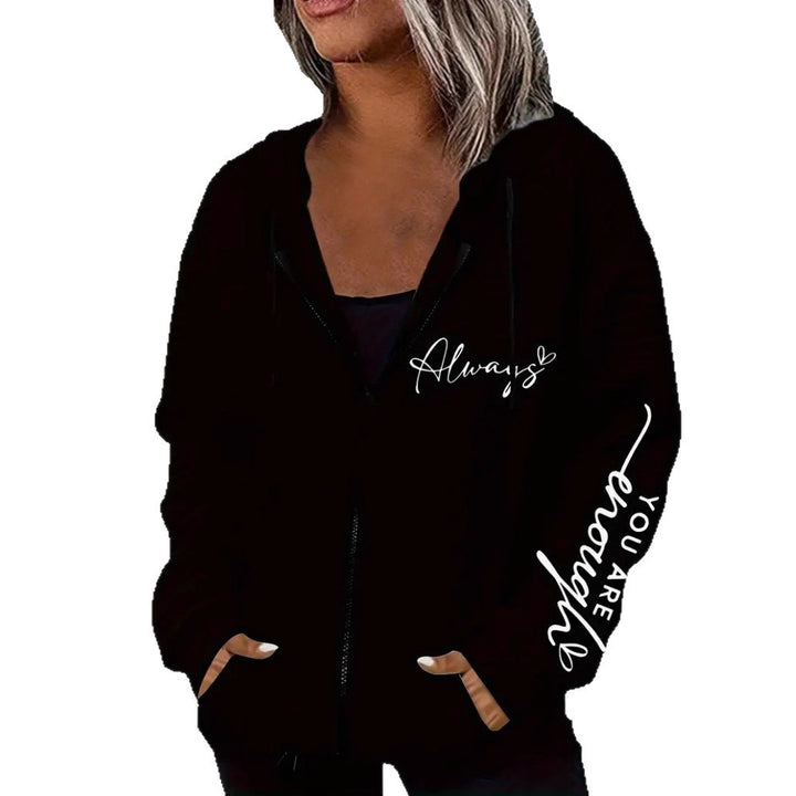 Women's oversized hooded jacket with zipper, handwritten typo application and contrast side pockets StylebySassy