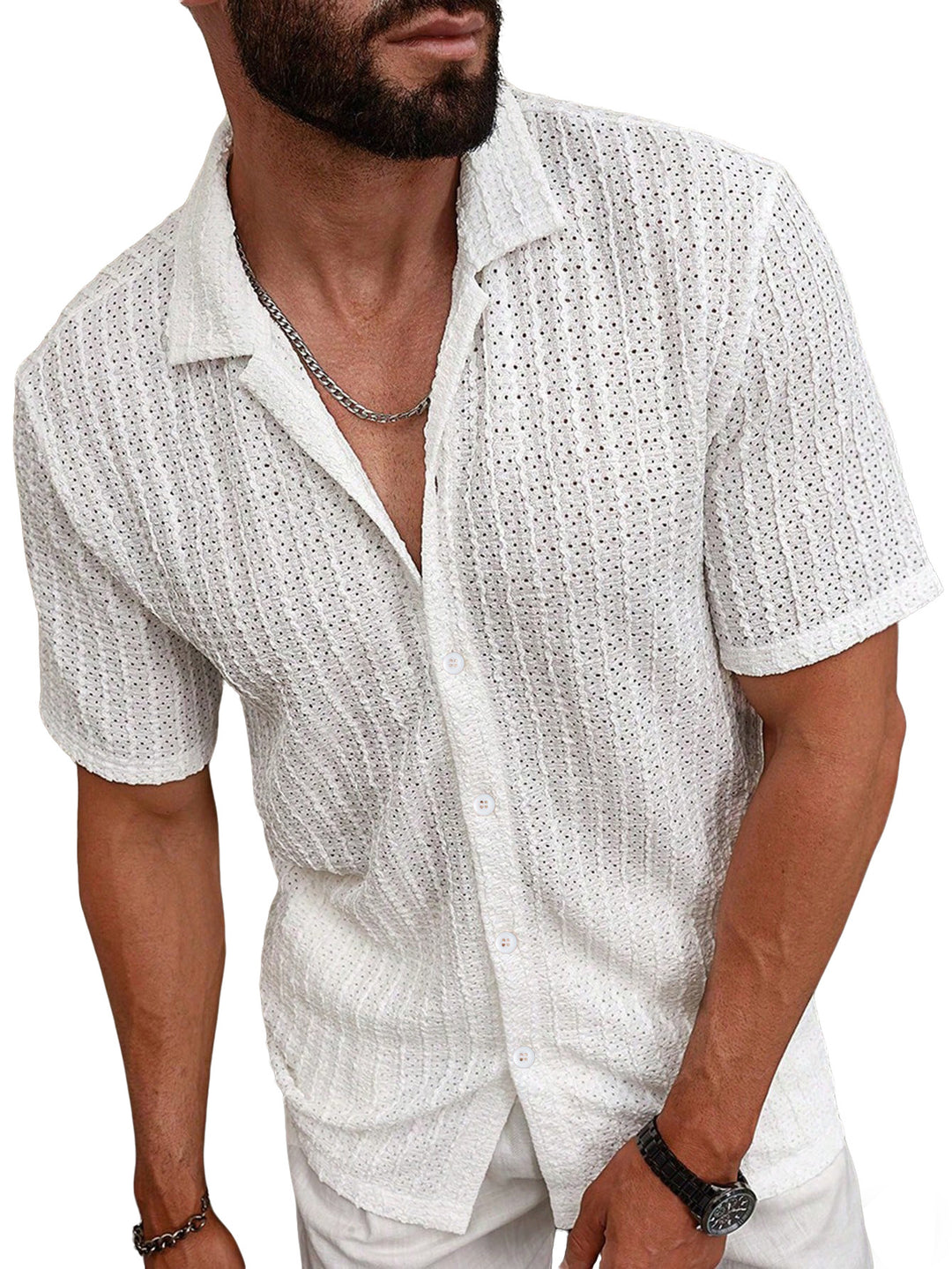 Men's airy short-sleeve ajour shirt with shawl collar and continuous button placket StylebySassy