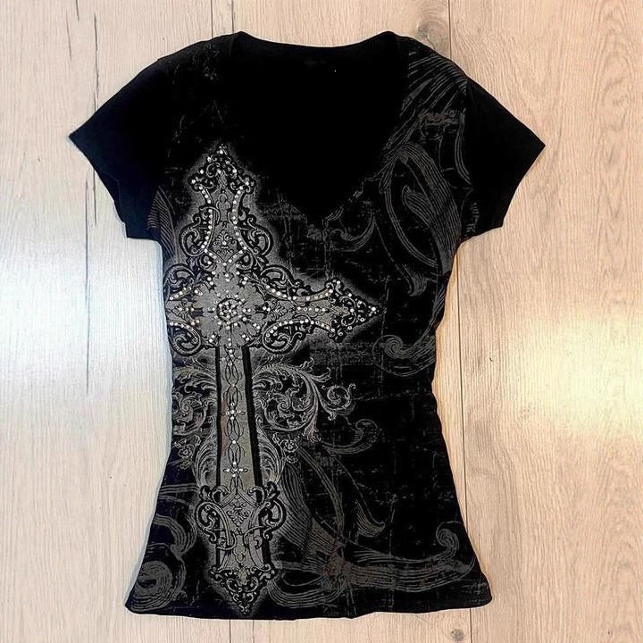 Women's T-shirt with elaborate cross design and rhinestone accents StylebySassy